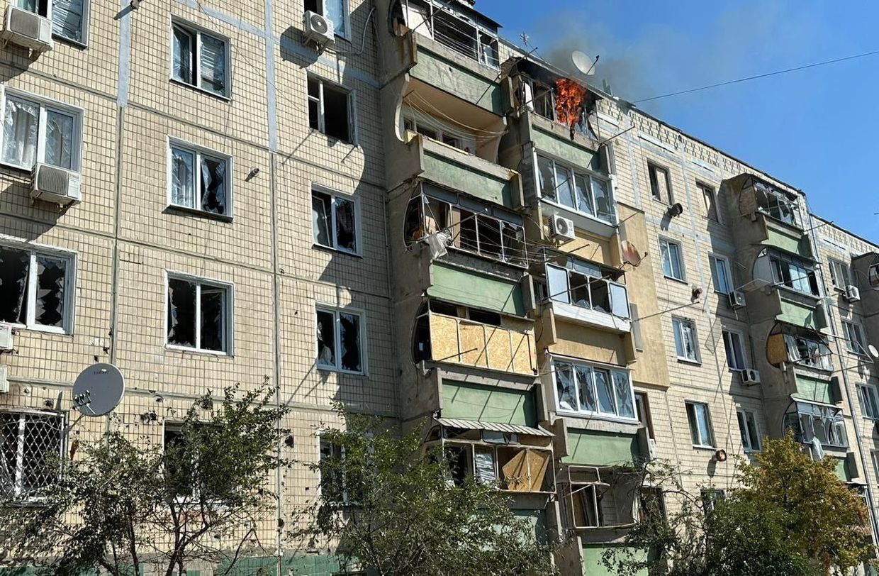 A residential buillding damaged in a Russian artillery strike on Aug. 1, 2024.