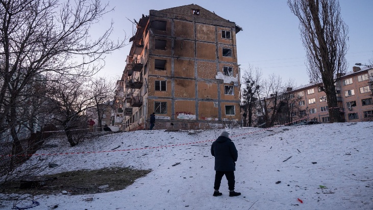 The aftermath of an overnight Russian drone and missile attack is seen in Kyiv, Ukraine, on Feb. 3, 2026.