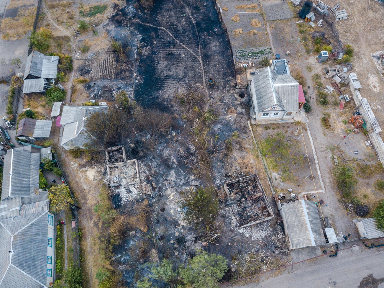 Aerial photo with drone of destroyed houses after the fire in Ukraine