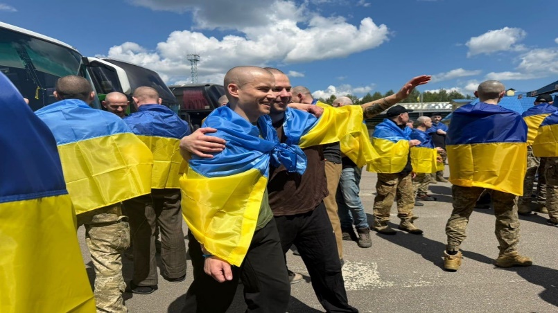 Ukrainian prisoners of war are welcomed back to Ukraine following a prisoner exchange with Russia in an undisclosed location, Ukraine on June 5, 2026.