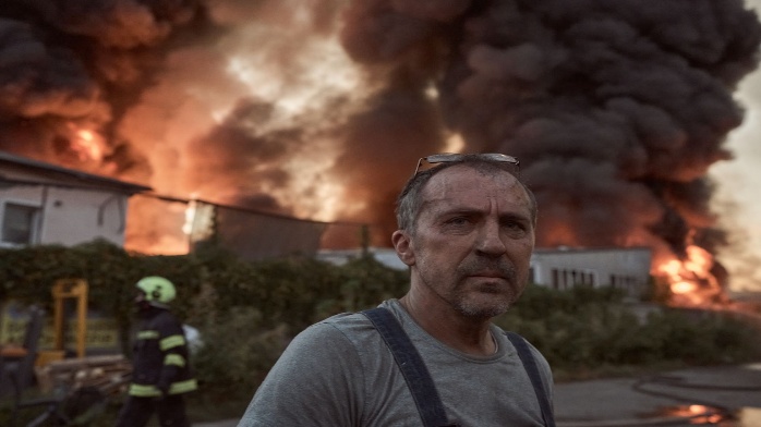 A man looks on as members of emergency services work to contain a fire in the aftermath of a Russian missile and drone attack in Kyiv, Ukraine, on Sept. 8, 2026.
