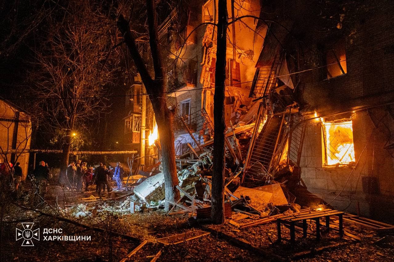 A residential building damaged in a Russian attack on Kharkiv.